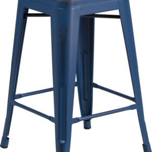Wholesale 24'' High Backless Distressed Antique Blue Metal Indoor-Outdoor Counter Height Stool