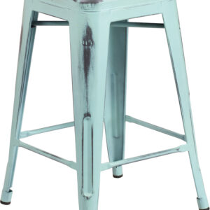 Wholesale 24'' High Backless Distressed Green-Blue Metal Indoor-Outdoor Counter Height Stool