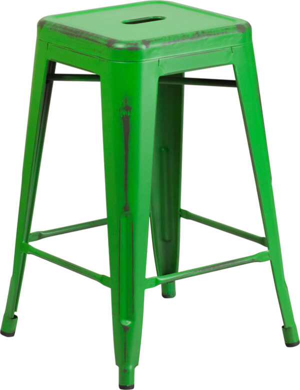 Wholesale 24'' High Backless Distressed Green Metal Indoor-Outdoor Counter Height Stool