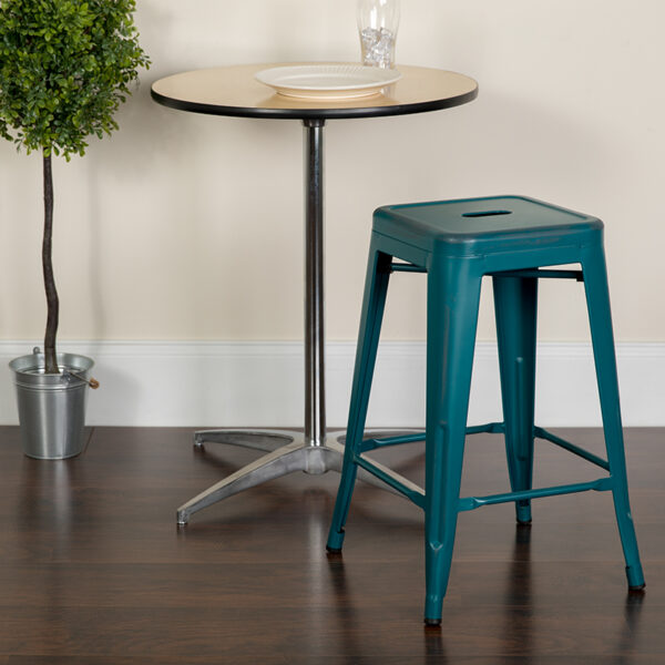 Lowest Price 24'' High Backless Distressed Kelly Blue-Teal Metal Indoor-Outdoor Counter Height Stool