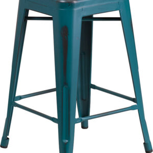 Wholesale 24'' High Backless Distressed Kelly Blue-Teal Metal Indoor-Outdoor Counter Height Stool