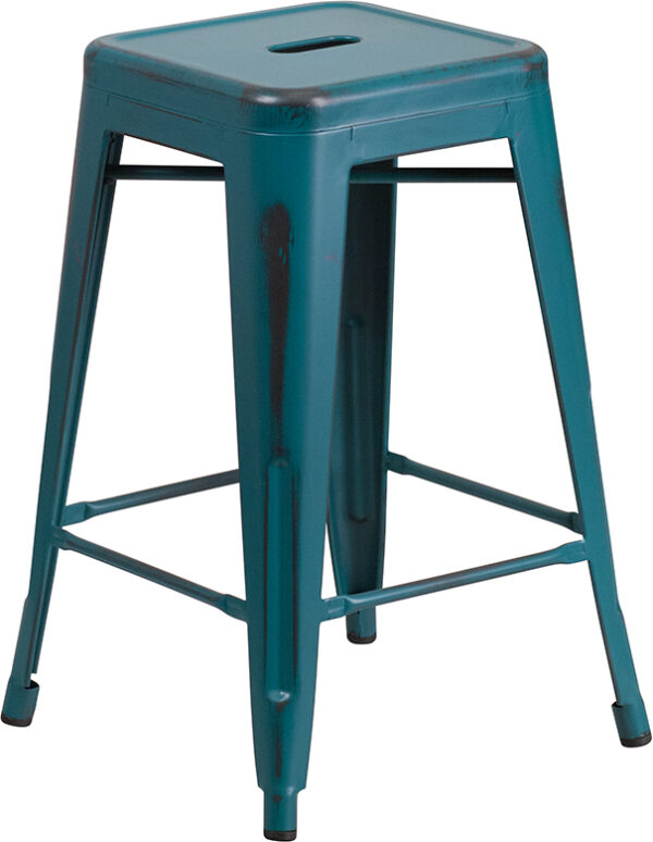 Wholesale 24'' High Backless Distressed Kelly Blue-Teal Metal Indoor-Outdoor Counter Height Stool