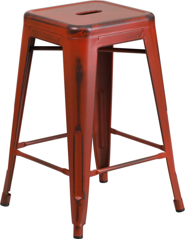 Wholesale 24'' High Backless Distressed Kelly Red Metal Indoor-Outdoor Counter Height Stool