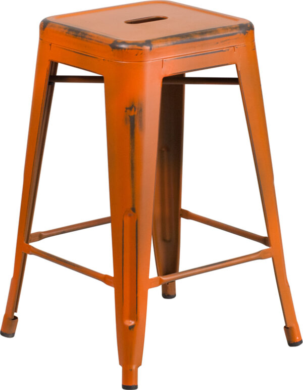 Wholesale 24'' High Backless Distressed Orange Metal Indoor-Outdoor Counter Height Stool