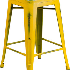 Wholesale 24'' High Backless Distressed Yellow Metal Indoor-Outdoor Counter Height Stool