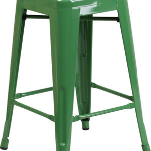 Wholesale 24" High Backless Green Metal Counter Height Stool with Square Wood Seat