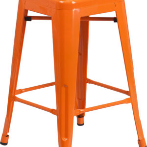 Wholesale 24" High Backless Orange Metal Counter Height Stool with Square Wood Seat