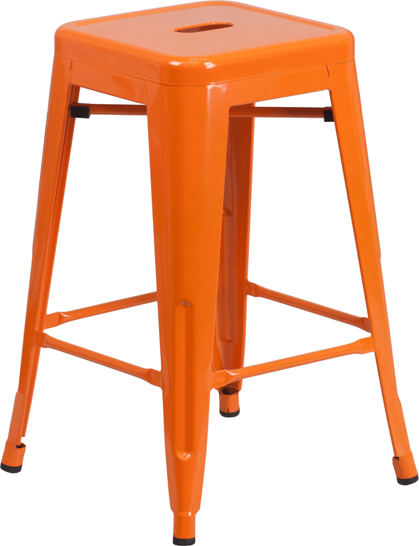 Wholesale 24'' High Backless Orange Metal Indoor-Outdoor Counter Height Stool with Square Seat