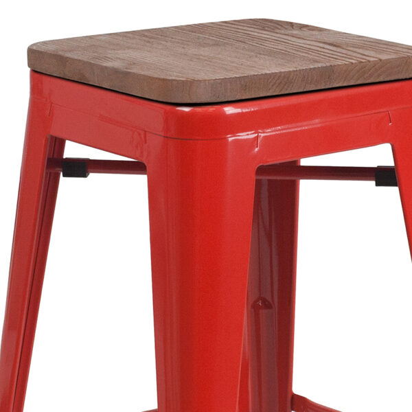 Lowest Price 24" High Backless Red Metal Counter Height Stool with Square Wood Seat