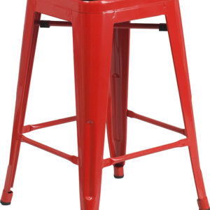 Wholesale 24" High Backless Red Metal Counter Height Stool with Square Wood Seat