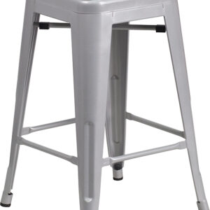 Wholesale 24" High Backless Silver Metal Counter Height Stool with Square Wood Seat