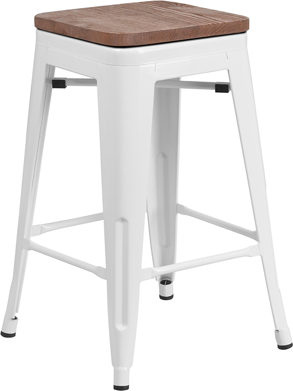 Wholesale 24" High Backless White Metal Counter Height Stool with Square Wood Seat