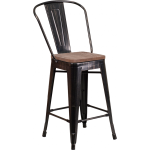 Wholesale 24" High Black-Antique Gold Metal Counter Height Stool with Back and Wood Seat