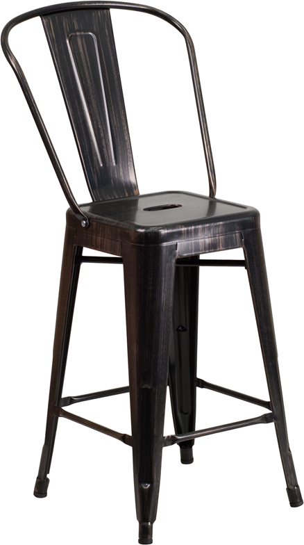 Wholesale 24'' High Black-Antique Gold Metal Indoor-Outdoor Counter Height Stool with Back