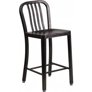 Wholesale 24'' High Black-Antique Gold Metal Indoor-Outdoor Counter Height Stool with Vertical Slat Back