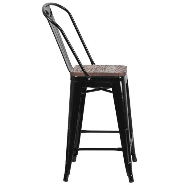Lowest Price 24" High Black Metal Counter Height Stool with Back and Wood Seat