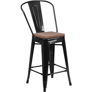 Wholesale 24" High Black Metal Counter Height Stool with Back and Wood Seat