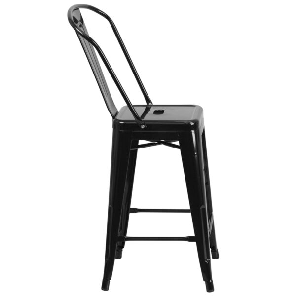 Lowest Price 24'' High Black Metal Indoor-Outdoor Counter Height Stool with Back