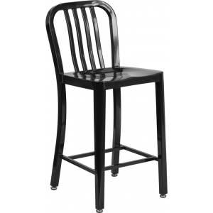Wholesale 24'' High Black Metal Indoor-Outdoor Counter Height Stool with Vertical Slat Back