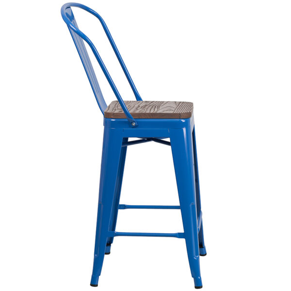Lowest Price 24" High Blue Metal Counter Height Stool with Back and Wood Seat