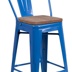 Wholesale 24" High Blue Metal Counter Height Stool with Back and Wood Seat