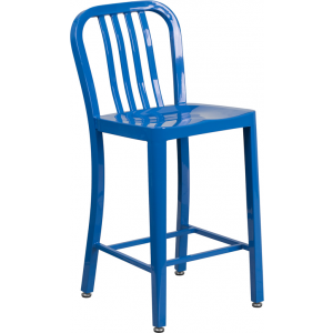 Wholesale 24'' High Blue Metal Indoor-Outdoor Counter Height Stool with Vertical Slat Back
