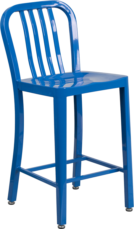 Wholesale 24'' High Blue Metal Indoor-Outdoor Counter Height Stool with Vertical Slat Back