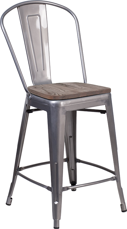 Wholesale 24" High Clear Coated Counter Height Stool with Back and Wood Seat