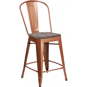 Wholesale 24" High Copper Metal Counter Height Stool with Back and Wood Seat