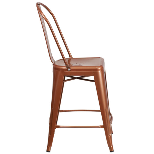 Lowest Price 24'' High Copper Metal Indoor-Outdoor Counter Height Stool with Back