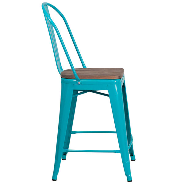 Lowest Price 24" High Crystal Teal-Blue Metal Counter Height Stool with Back and Wood Seat