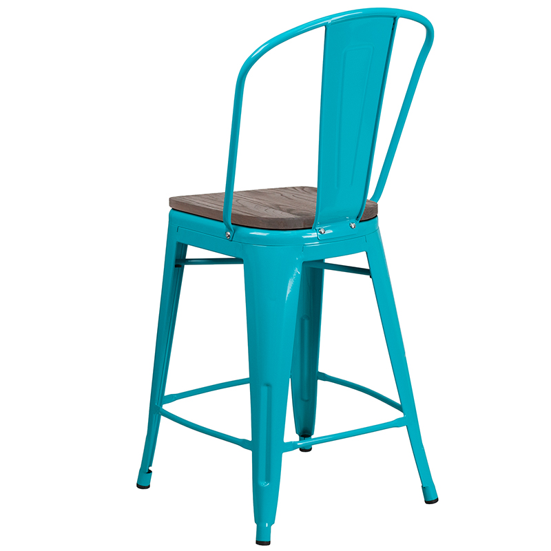 Stool With Back And Wood Seat, Teal Bar Stools