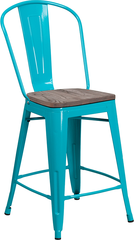 Wholesale 24" High Crystal Teal-Blue Metal Counter Height Stool with Back and Wood Seat