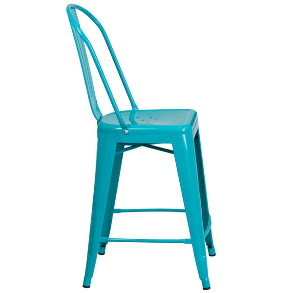 Lowest Price 24'' High Crystal Teal-Blue Metal Indoor-Outdoor Counter Height Stool with Back