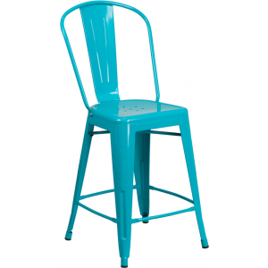 Wholesale 24'' High Crystal Teal-Blue Metal Indoor-Outdoor Counter Height Stool with Back