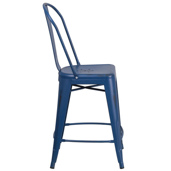 Lowest Price 24'' High Distressed Antique Blue Metal Indoor-Outdoor Counter Height Stool with Back