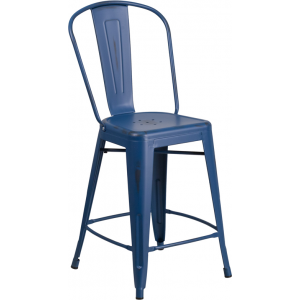 Wholesale 24'' High Distressed Antique Blue Metal Indoor-Outdoor Counter Height Stool with Back