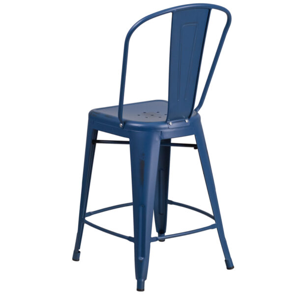 Bistro Style Counter Stool Distressed Blue Metal Stool