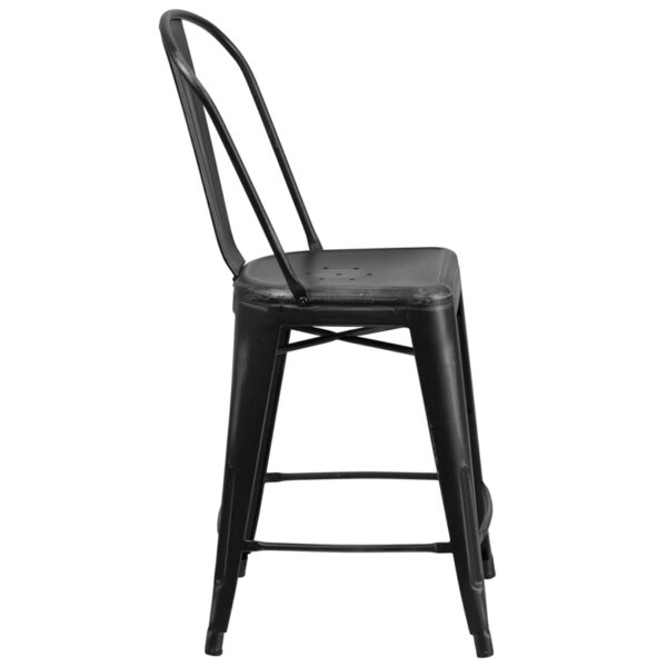 Lowest Price 24'' High Distressed Black Metal Indoor-Outdoor Counter Height Stool with Back