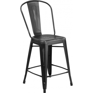 Wholesale 24'' High Distressed Black Metal Indoor-Outdoor Counter Height Stool with Back