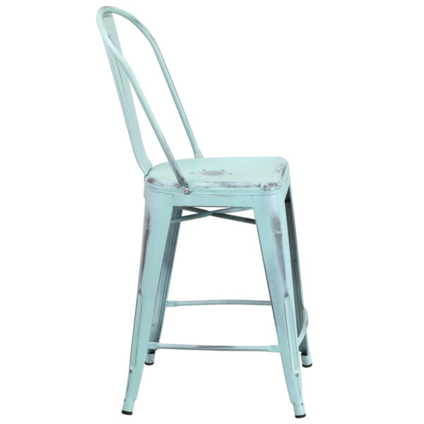 Lowest Price 24'' High Distressed Green-Blue Metal Indoor-Outdoor Counter Height Stool with Back