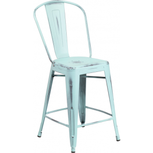Wholesale 24'' High Distressed Green-Blue Metal Indoor-Outdoor Counter Height Stool with Back