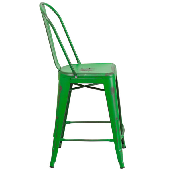Lowest Price 24'' High Distressed Green Metal Indoor-Outdoor Counter Height Stool with Back