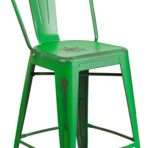 Wholesale 24'' High Distressed Green Metal Indoor-Outdoor Counter Height Stool with Back