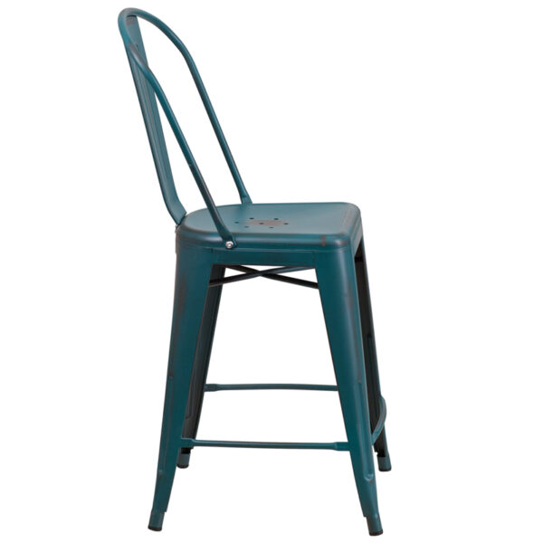 Lowest Price 24'' High Distressed Kelly Blue-Teal Metal Indoor-Outdoor Counter Height Stool with Back
