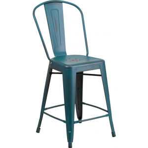 Wholesale 24'' High Distressed Kelly Blue-Teal Metal Indoor-Outdoor Counter Height Stool with Back