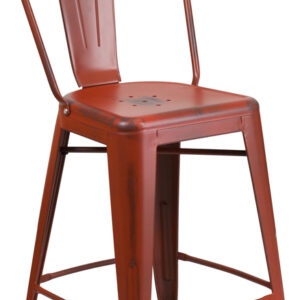 Wholesale 24'' High Distressed Kelly Red Metal Indoor-Outdoor Counter Height Stool with Back