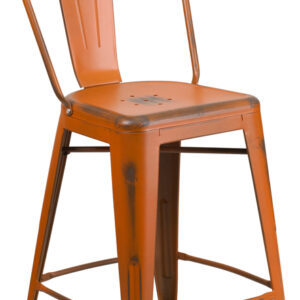 Wholesale 24'' High Distressed Orange Metal Indoor-Outdoor Counter Height Stool with Back