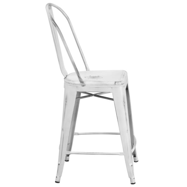 Lowest Price 24'' High Distressed White Metal Indoor-Outdoor Counter Height Stool with Back