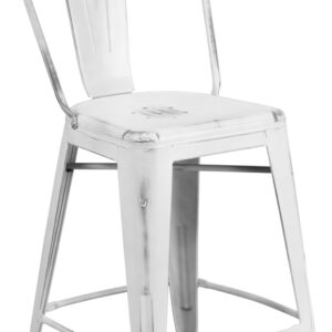 Wholesale 24'' High Distressed White Metal Indoor-Outdoor Counter Height Stool with Back